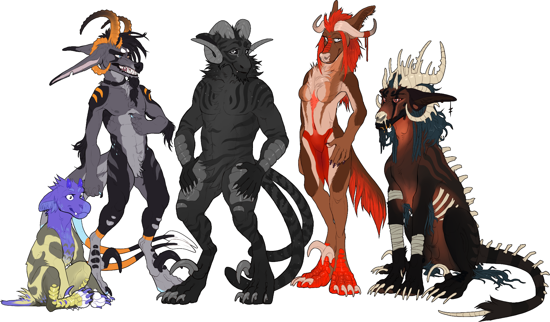 A row of Arcanus individuals showing variety in horn, fur, and scale patterns